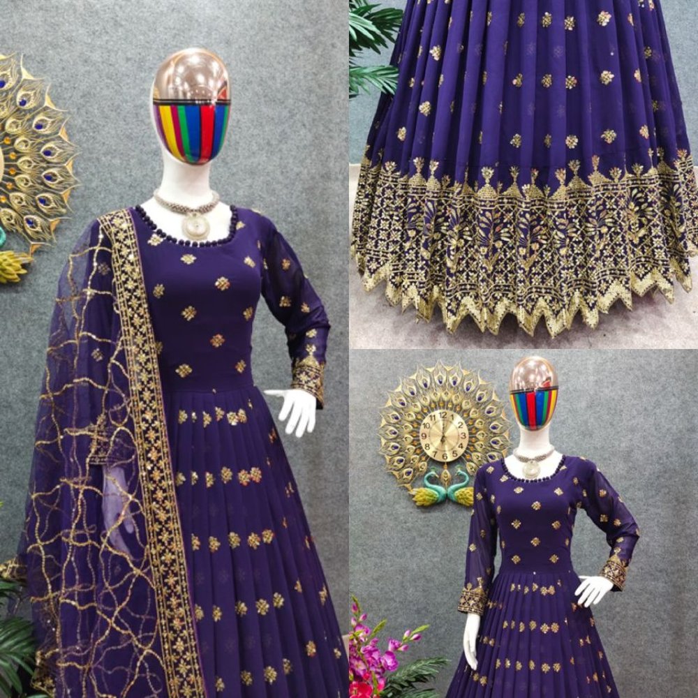 GEORGETTE HEAVY WEDDING WEAR GOWN SET WITH SEQUENCE EMBROIDERY WORK AND DUPATTAA - Picture 2 of 7